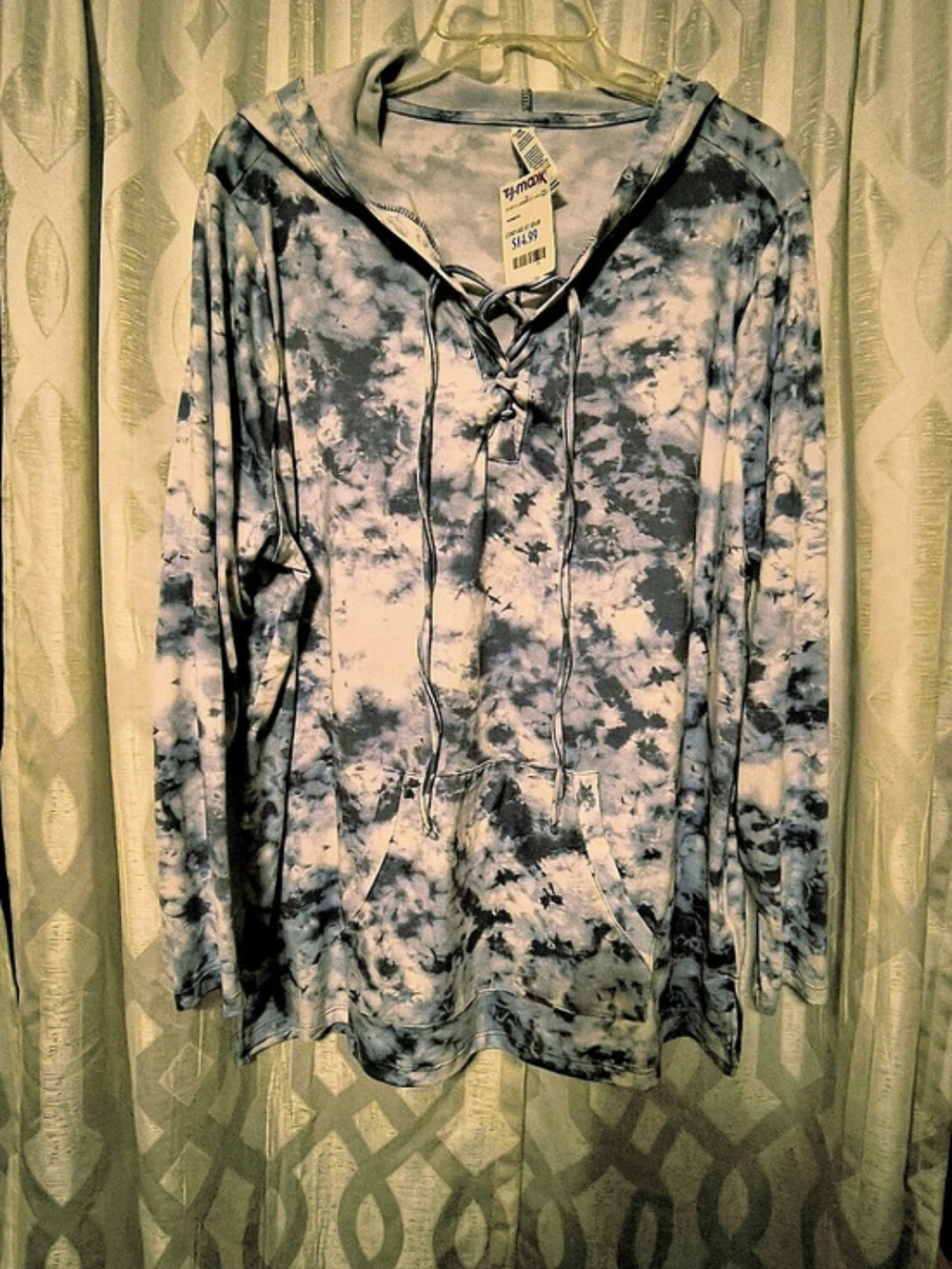 NWT RBX Active 1X Tie Dye Lace Up Hoodie Sweatshirt Blue Kangaroo Pocket